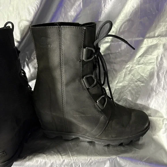 Sorel Joan Of Arctic Wedge II Black Leather Lace Up Boot Women's Size 10 - Picture 3 of 9